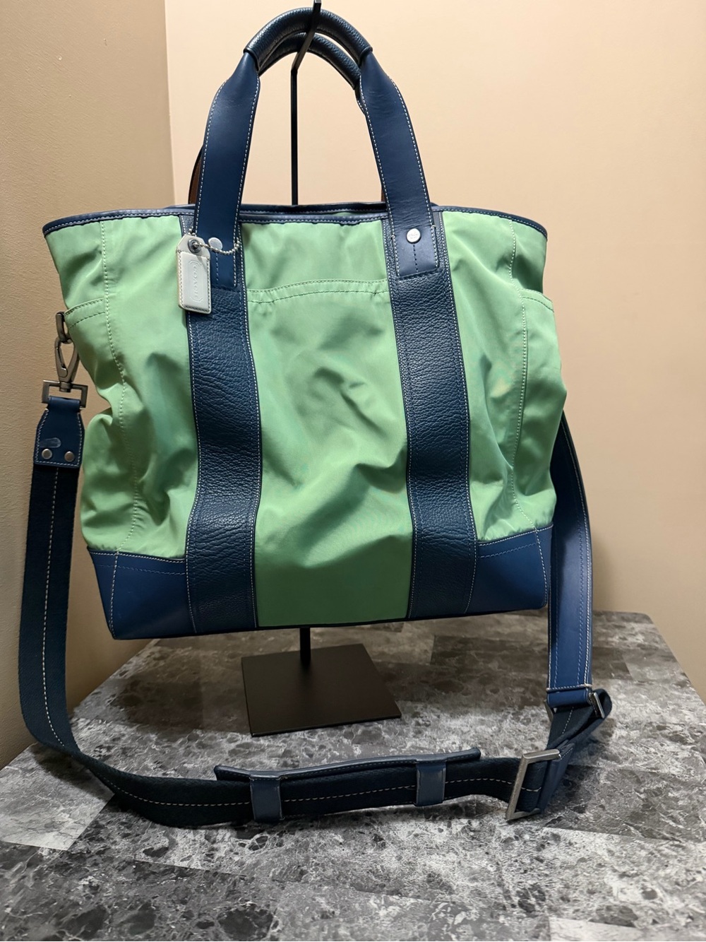 COACH GREEN AND BLUE NYLON/GENUINE LEATHER TOTE BAG MODEL #A1160-F05364 Unisex